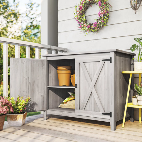 Outsunny Wooden Garden Shed, Outdoor Fir Wood Storage Shed with Shelf and Double Doors, Light Grey