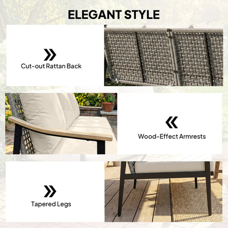 Outsunny 3 Seater Rattan Sofa, Outdoor Garden Sofa with Wood-Effect Armrests, Cushions for Patio, Balcony, Khaki