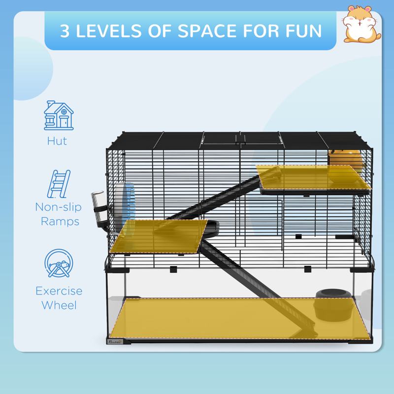 PawHut 3 Tiers Hamster Cage, Gerbil Cage with Deep Glass Bottom, Non-Slip Ramps, Platforms, Hut, Exercise Wheels, Water Bottle, Dish, for Syrian Hamster, Dwarf Hamster, 78.5 x 48.5 x 57cm