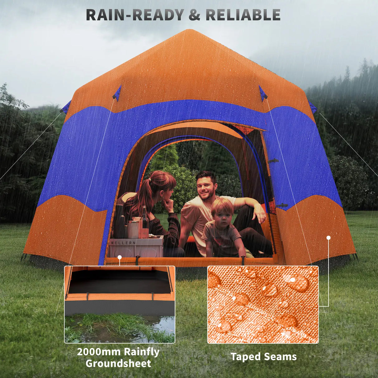 Outsunny Six Man Hexagon Camping Tent with Hang Hook and Carry Bag - Orange and Blue