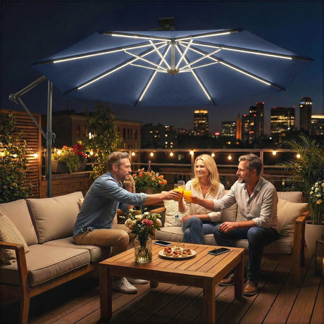 Outsunny 3 m Garden Cantilever Parasol with LED Solar Light, Round Overhanging Umbrella with 360 Rotation, Cover, Navy Blue