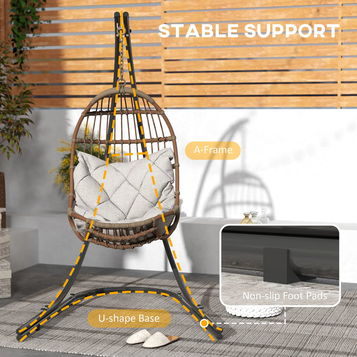 Outsunny Hammock Chair Stand Only, Hanging Chair Stand with Extra Large Base, Heavy Duty Metal Single Hammock Egg Swing Frame for Indoor Outdoor, 150 KG Load Capacity, Black