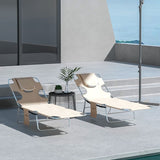 Outsunny Foldable Sun Lounger Set of 2, Beach Chaise Lounges with Reading Hole, Arm Slots, 5-Position Adjustable Backrest, Side Pocket, Pillow for Patio, Garden, Beach, Pool, Beige