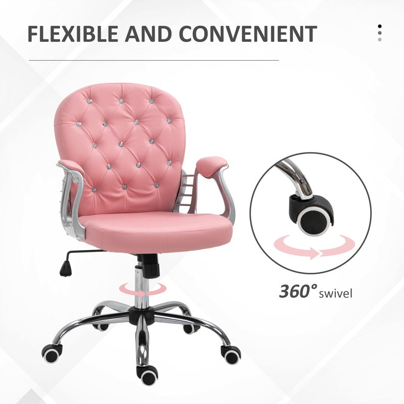 Vinsetto Office Chair Ergonomic 360 Swivel PU Diamante Padded Base 5 Castor Wheels for Home Work Pink