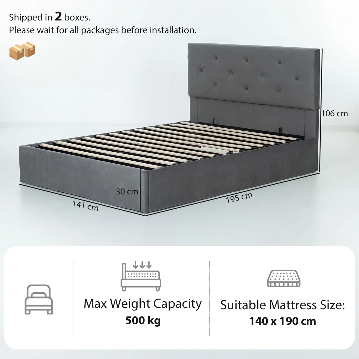 HOMCOM Double Bed Frame Gas Side Lift Under Bed Storage Upholstered Platform Bed Tufted Headboard for 140 x 190 cm Mattress