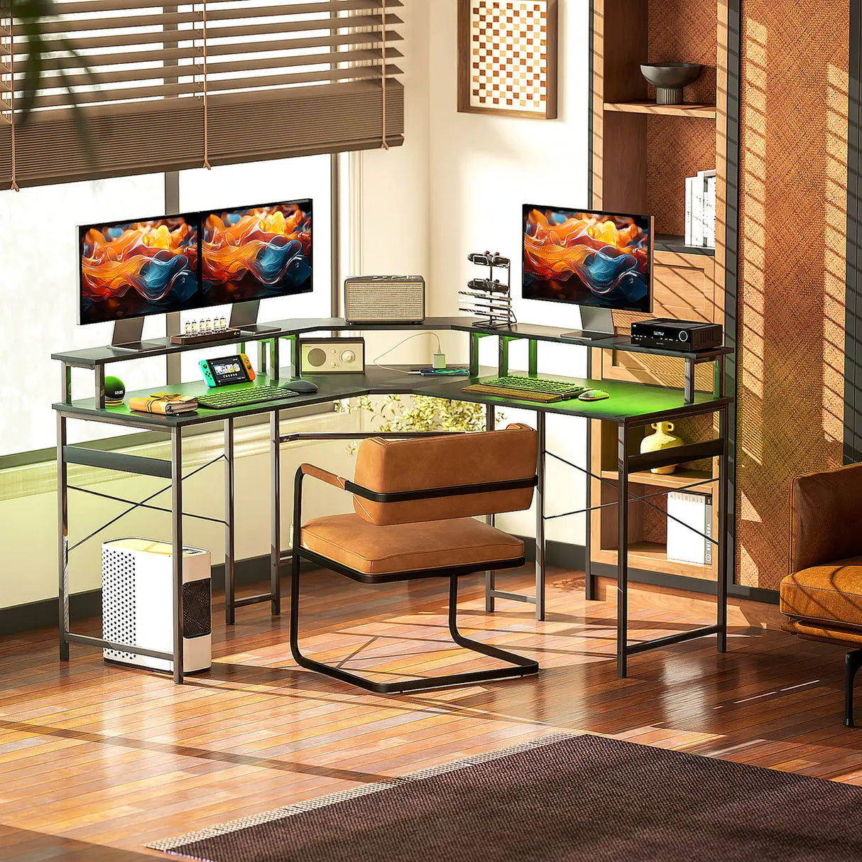 HOMCOM 'L' Shaped Work Desk, with LED Lights - Black