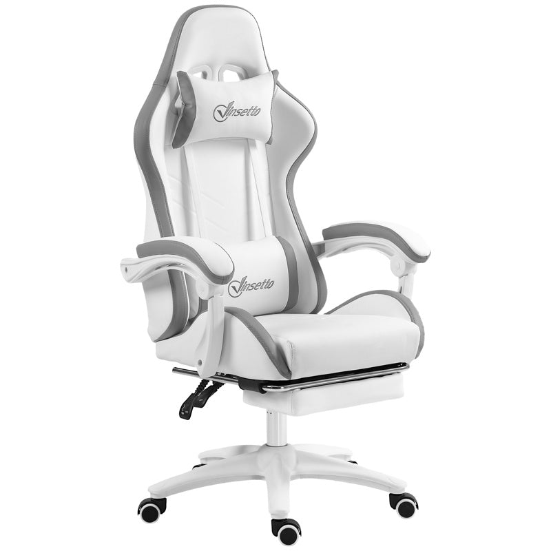 Vinsetto Computer Gaming Chair, PU Leather Desk Chair with Footrest, Swivel Task Chair with 135° Reclining Back and Lumbar Support, PC Chair for Adults, White and Grey