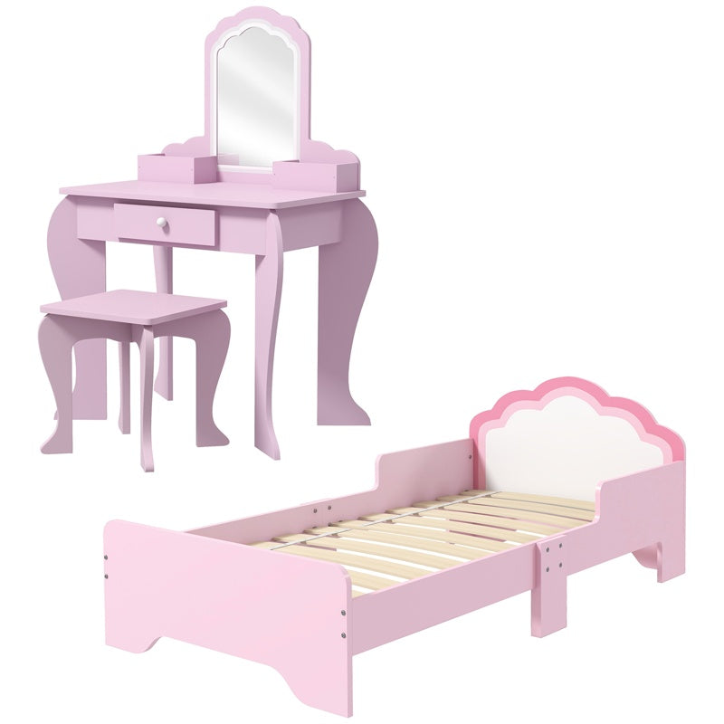 ZONEKIZ Wooden Kids Bedroom Furniture Set with Kids Dressing Table, Stool, Bed, for 3-6 Years, Cloud-Design