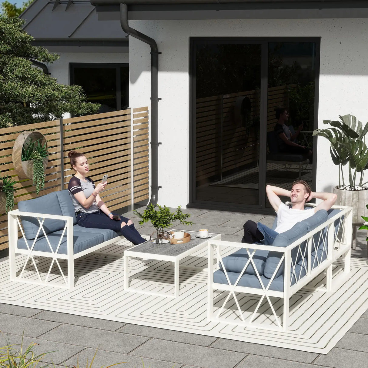 Outsunny Four-Piece L Shaped Garden Furniture Set with 5-Level Adjustable Lounger - Grey
