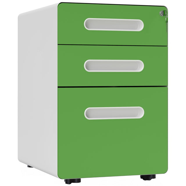 Vinsetto 3 Drawer Filing Cabinet, Steel Lockable File Cabinet with Lock and Wheels, for A4, Letter, Legal Sized Files, Green