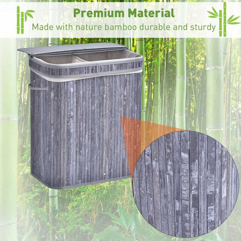 HOMCOM 100L Wooden Laundry Basket w/ Split Compartment Lid Removable Lining Handles Air Holes Ventilation Foldable Durable Water-Resistant Dirty Clothes Storage Home Organisation Grey