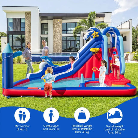 6-In-1 Inflatable Water Park with Climbing Wall Splash Pool (Without Blower)