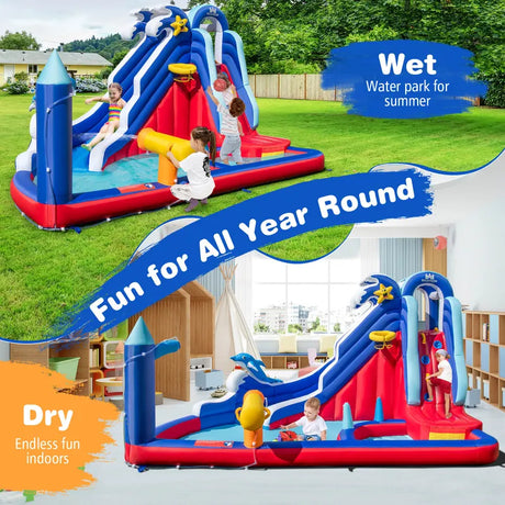 6-In-1 Inflatable Water Park with Climbing Wall Splash Pool (Without Blower)