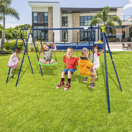 550 LBS 6-in-1 Patio Kids Swing Set with Climbing Net and Ladder-Green