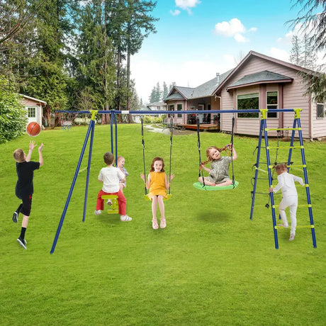 550 LBS 6-in-1 Patio Kids Swing Set with Climbing Net and Ladder-Green