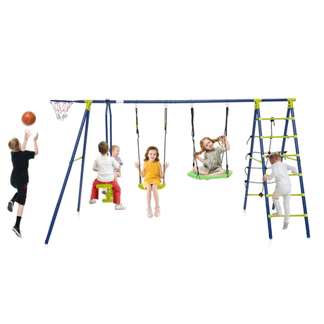 550 LBS 6-in-1 Patio Kids Swing Set with Climbing Net and Ladder-Green