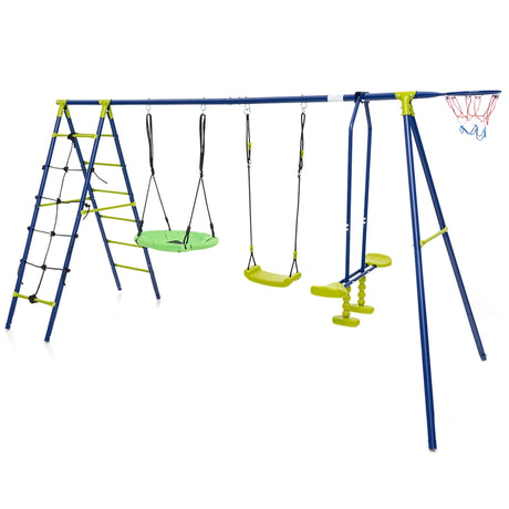 550 LBS 6-in-1 Patio Kids Swing Set with Climbing Net and Ladder-Green