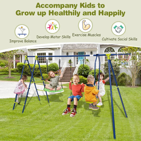 550 LBS 6-in-1 Patio Kids Swing Set with Climbing Net and Ladder-Green