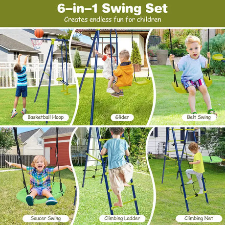 550 LBS 6-in-1 Patio Kids Swing Set with Climbing Net and Ladder-Green