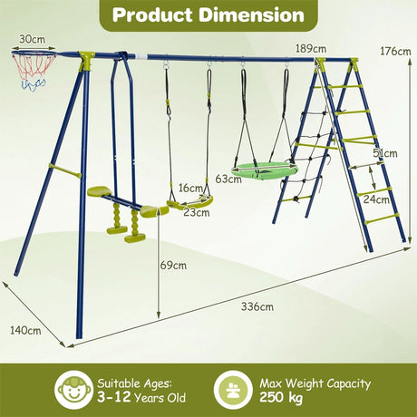 550 LBS 6-in-1 Patio Kids Swing Set with Climbing Net and Ladder-Green