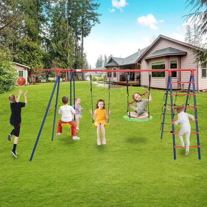 550 LBS 6-in-1 Patio Kids Swing Set with Climbing Net and Ladder-Red