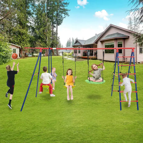 550 LBS 6-in-1 Patio Kids Swing Set with Climbing Net and Ladder-Red