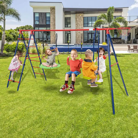 550 LBS 6-in-1 Patio Kids Swing Set with Climbing Net and Ladder-Red