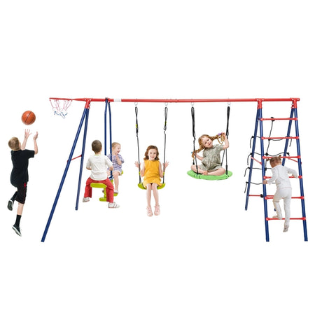 550 LBS 6-in-1 Patio Kids Swing Set with Climbing Net and Ladder-Red