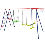 550 LBS 6-in-1 Patio Kids Swing Set with Climbing Net and Ladder-Red