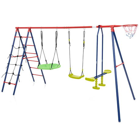 550 LBS 6-in-1 Patio Kids Swing Set with Climbing Net and Ladder-Red