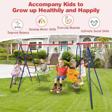 550 LBS 6-in-1 Patio Kids Swing Set with Climbing Net and Ladder-Red
