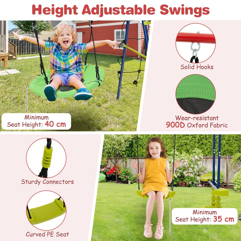 550 LBS 6-in-1 Patio Kids Swing Set with Climbing Net and Ladder-Red