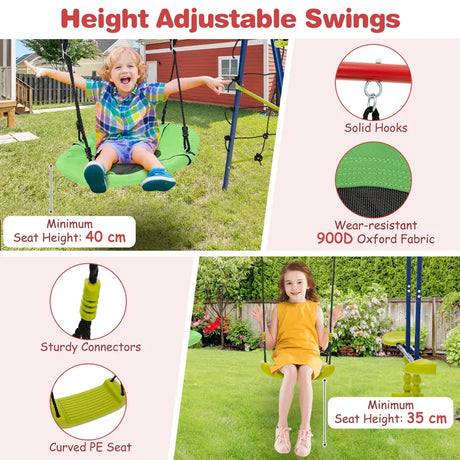 550 LBS 6-in-1 Patio Kids Swing Set with Climbing Net and Ladder-Red