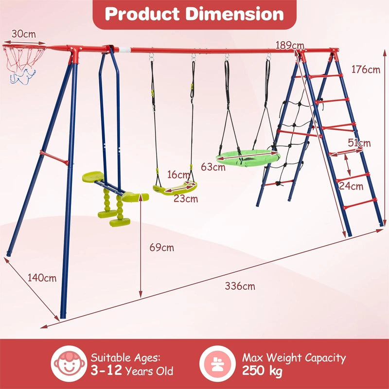 550 LBS 6-in-1 Patio Kids Swing Set with Climbing Net and Ladder-Red