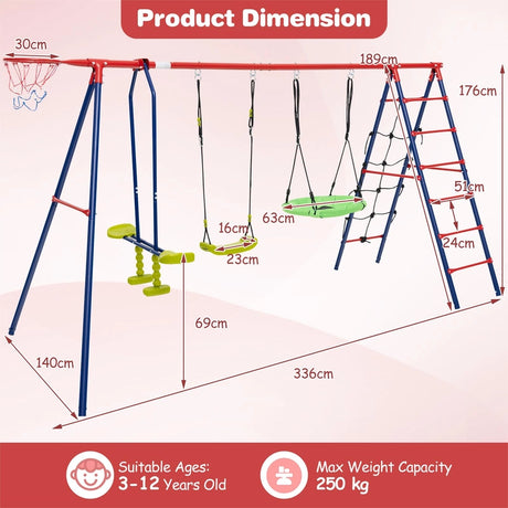 550 LBS 6-in-1 Patio Kids Swing Set with Climbing Net and Ladder-Red
