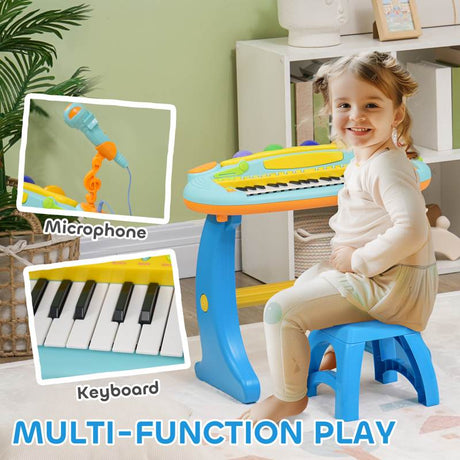 AIYAPLAY 37 Keys Kids Piano w/ Microphone, Stool, LED Lights, Record & Replay Function, Blue