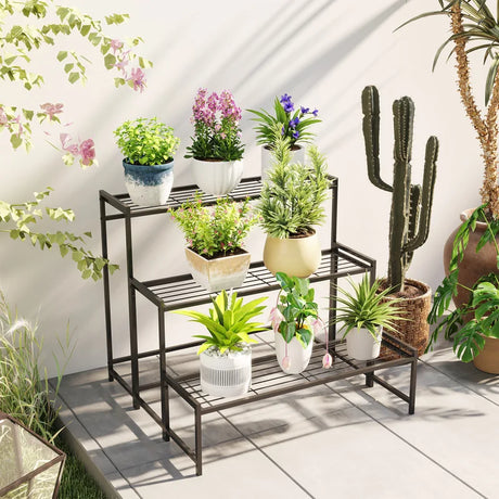Outsunny Three-Tier Metal Plant Shelf - Black