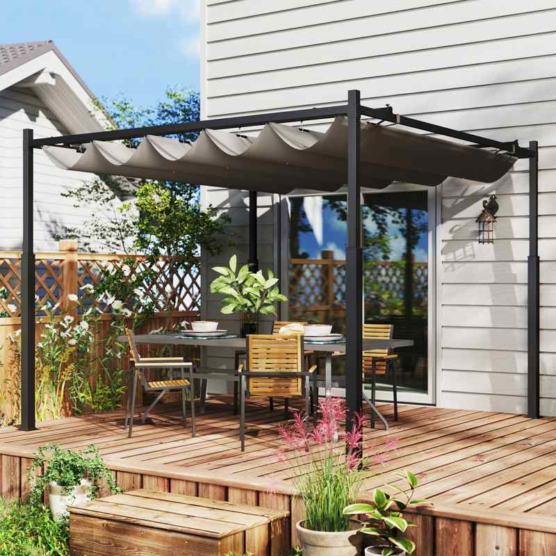 Outsunny 3 x 3(m) Garden Pergola with Retractable Roof and Magnetic Fixture, Outdoor Gazebo Pergola Kit Sun Shade Canopy, UPF30+, 80mm Metal Column, Grey