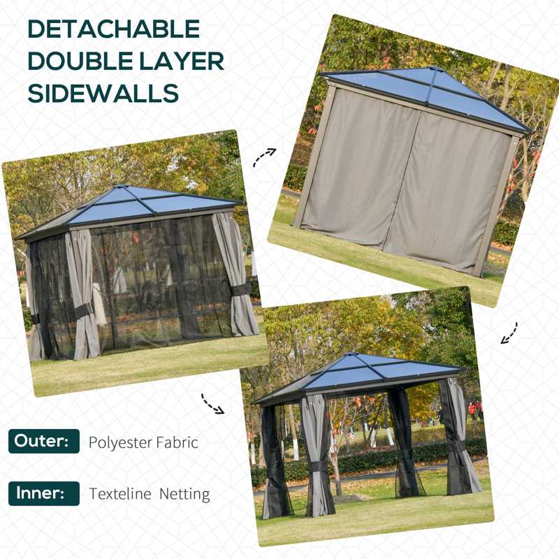 Outsunny 3 x 3(m) Hardtop Gazebo Canopy with Polycarbonate Roof, Aluminium Frame, Permanent Pavilion Garden Gazebo with Netting and Curtains for Patio, Deck, Dark Grey