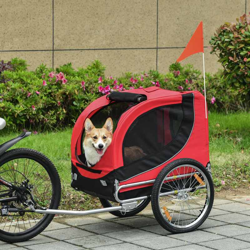 PawHut Steel Dog Bike Trailer Pet Cart Carrier for Bicycle Kit Water Resistant with Hitch Coupler Travel Black and Red