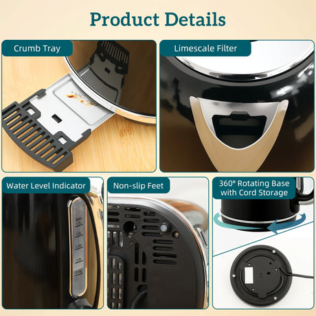 HOMCOM Polished Retro 40-100C Kettle and Toaster Set - Black