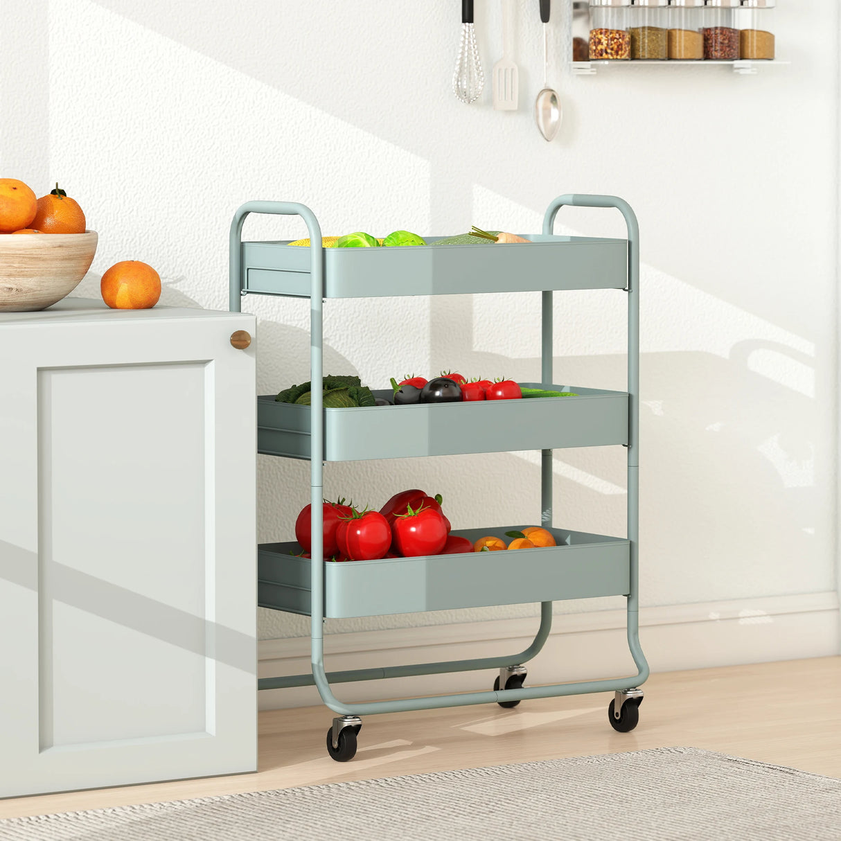 HOMCOM 3-Tier Storage Trolley on Wheels, Rolling Utility Cart with Mesh Backets for Kitchen, Bathroom, Bedroom, Light Green