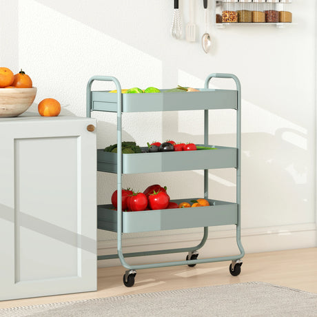 HOMCOM 3-Tier Storage Trolley on Wheels, Rolling Utility Cart with Mesh Backets for Kitchen, Bathroom, Bedroom, Light Green