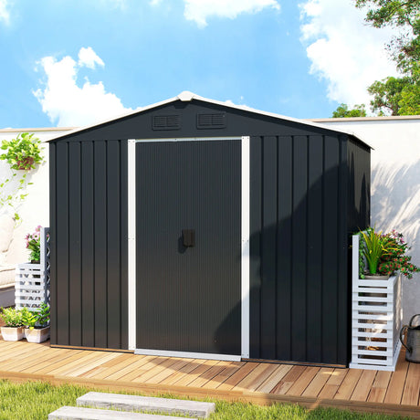 Outsunny 7.7 x 5.7ft Metal Garden Shed, Galvanised Outdoor Tool Storage House with Ventilation Slots and Sliding Doors, Grey