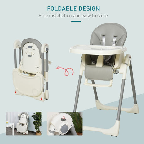 HOMCOM Foldable Baby High Chair Convertible Feeding Chair Height Adjustable with Adjustable Backrest Footrest and Removable Tray 5 Point Safety Harness for Kids 6 - 36 Months Grey