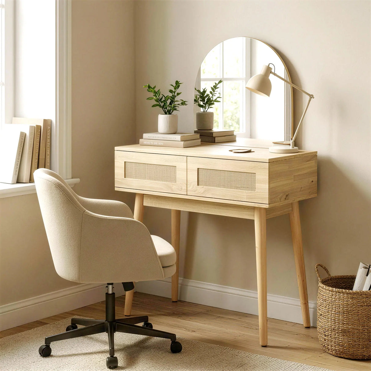 HOMCOM Dressing Table, Compact Vanity Desk with Mirror and 2 Drawers, Natural Wood Finish