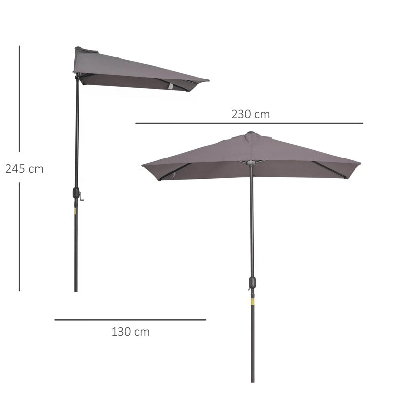 Outsunny Balcony Half Parasol Semi Round Umbrella Patio Crank Handle (2.3 m, Grey)- NO BASE INCLUDED