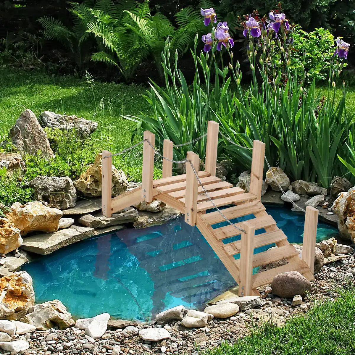 Outsunny Small Fir Wooden Garden Bridge, Arch Walkway with Metal Chain Railings for Landscape Creek Pond, Natural Wood