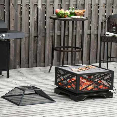 Outsunny Metal Firepit Outdoor 2 in 1 Square Fire Pit Brazier w/ Grill Shelf, Lid, Poker for Backyard, Camping, BBQ, Bonfire, Wood Burning Stove, 66 x 66 x 66cm, Black