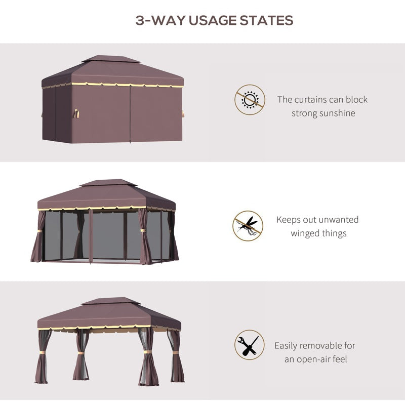 Outsunny 3 x 4m Aluminium Garden Gazebo, Marquee Canopy Shelter Pavilion Party Tent with Nets and Curtains for Garden and Deck, Coffee